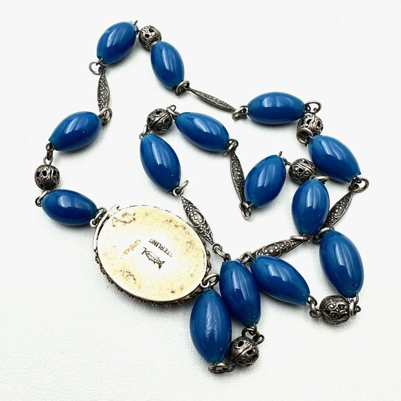 Antique Czech Art Deco Blue Glass Pendant Necklace Sterling Silver Hallmarked - Picture 5 of 5